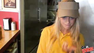 Delightful young blonde beauty deepthroats and fucks her guy